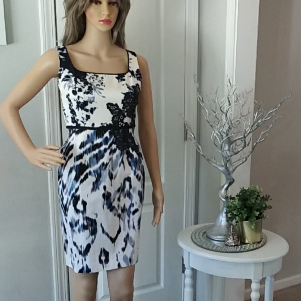 Elie Tahari white/navy/blue midi dress sleeveless